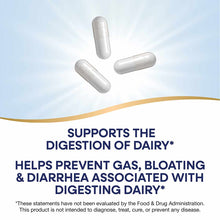 Three white lactase enzyme capsules displayed against a light background with a gold curved accent line.