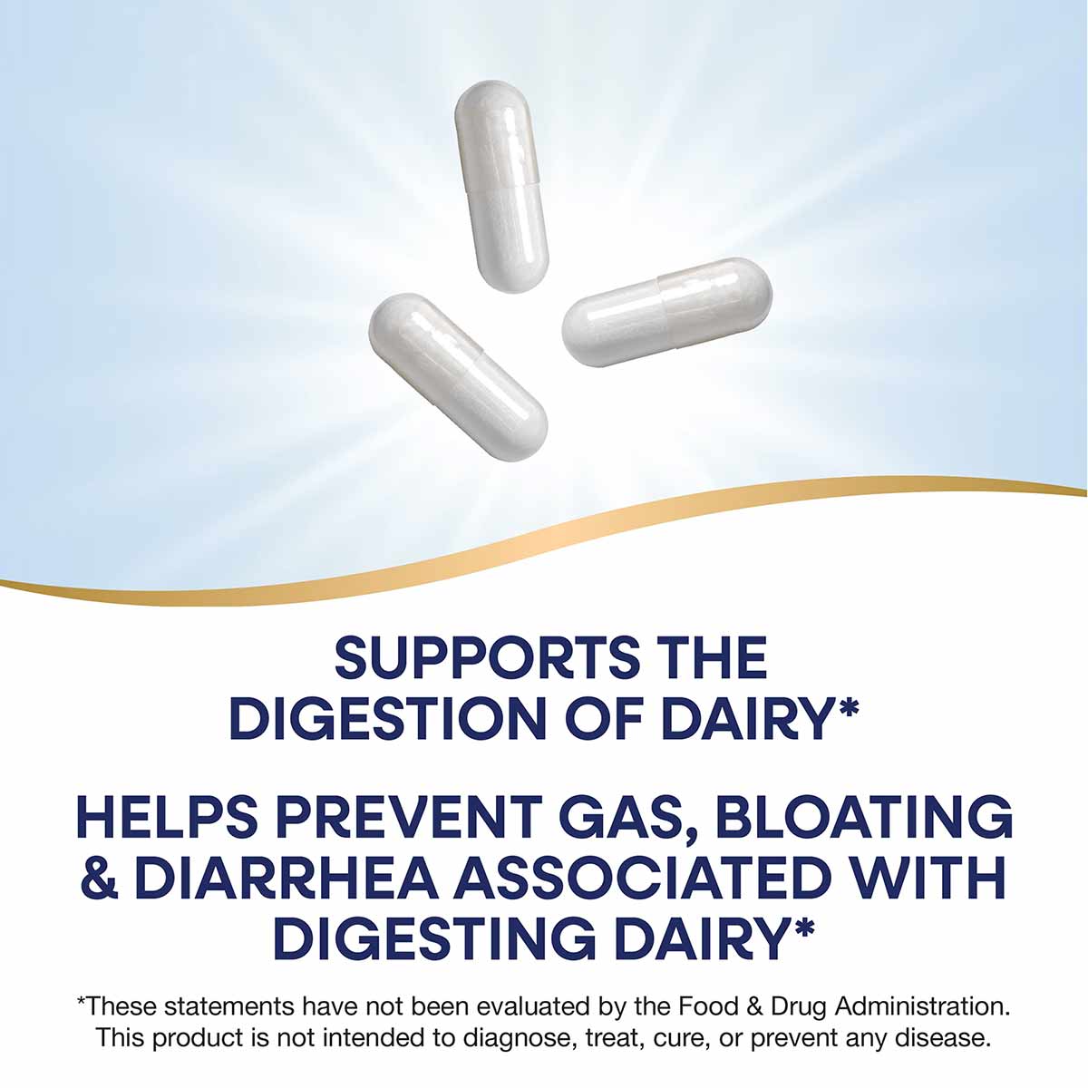 Three white lactase enzyme capsules displayed against a light background with a gold curved accent line.
