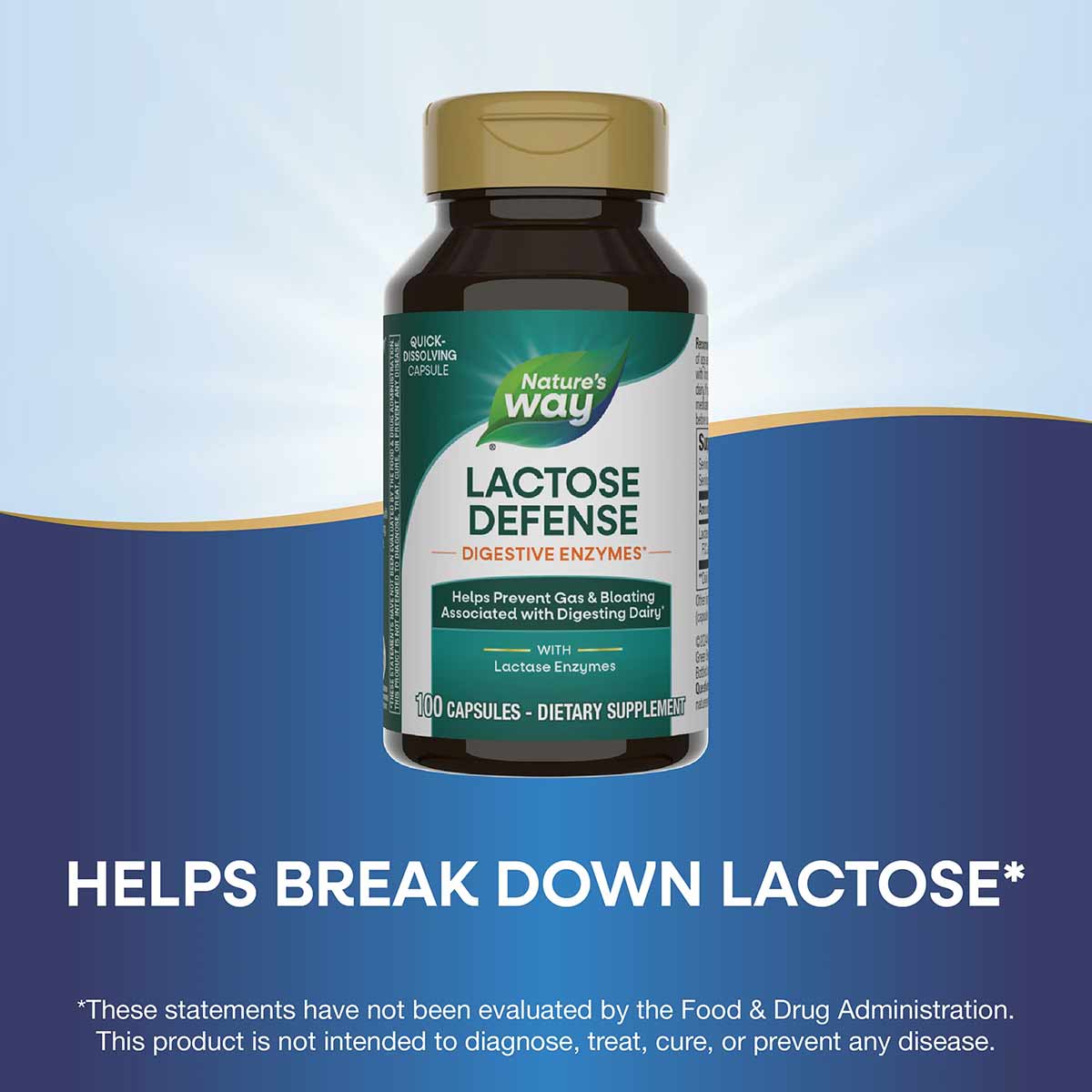 Nature's Way Lactose Defense bottle with gold cap containing 100 capsules of digestive enzyme supplement.