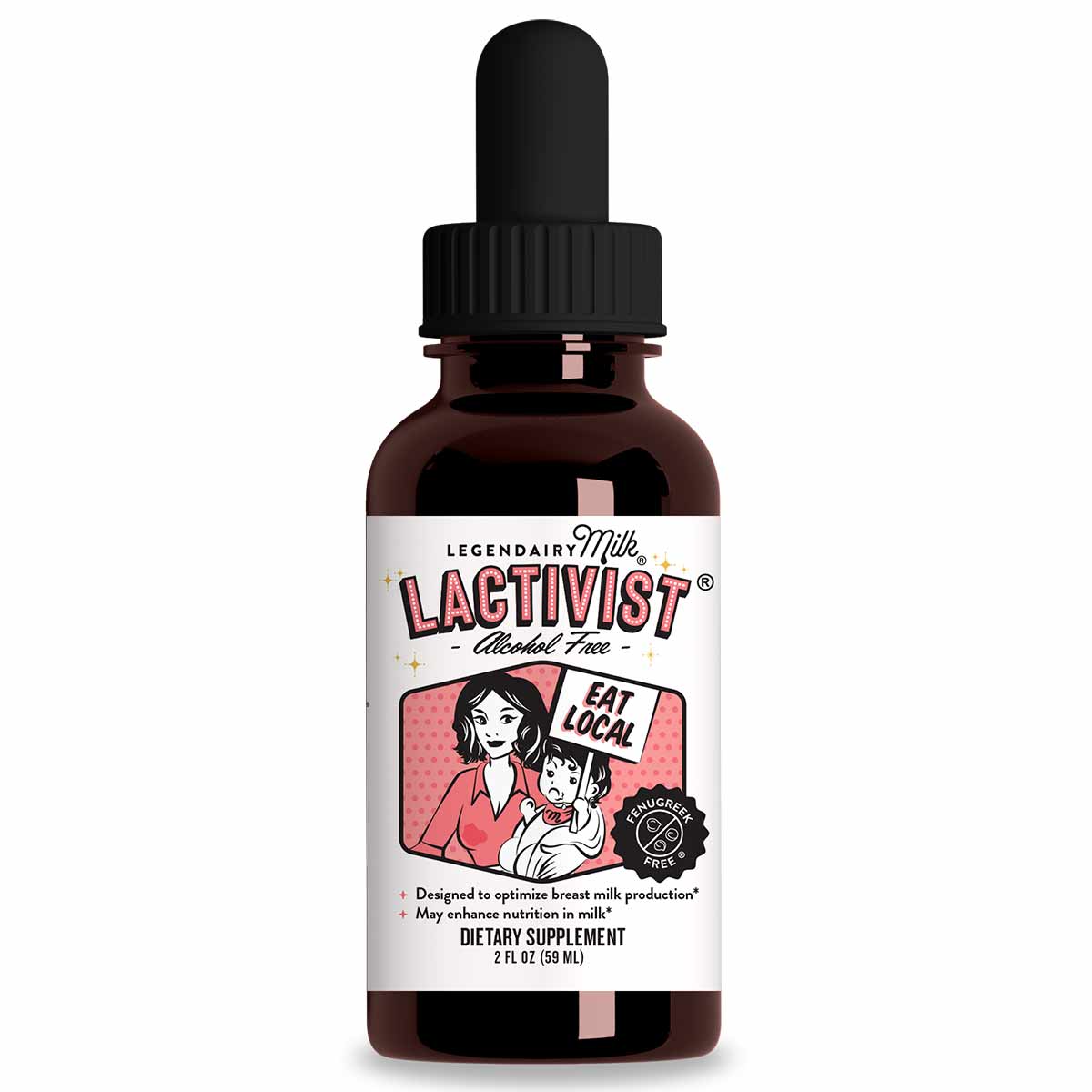 Dark amber glass dropper bottle of Legendairy Milk Lactivist dietary supplement with black cap and white label featuring illu