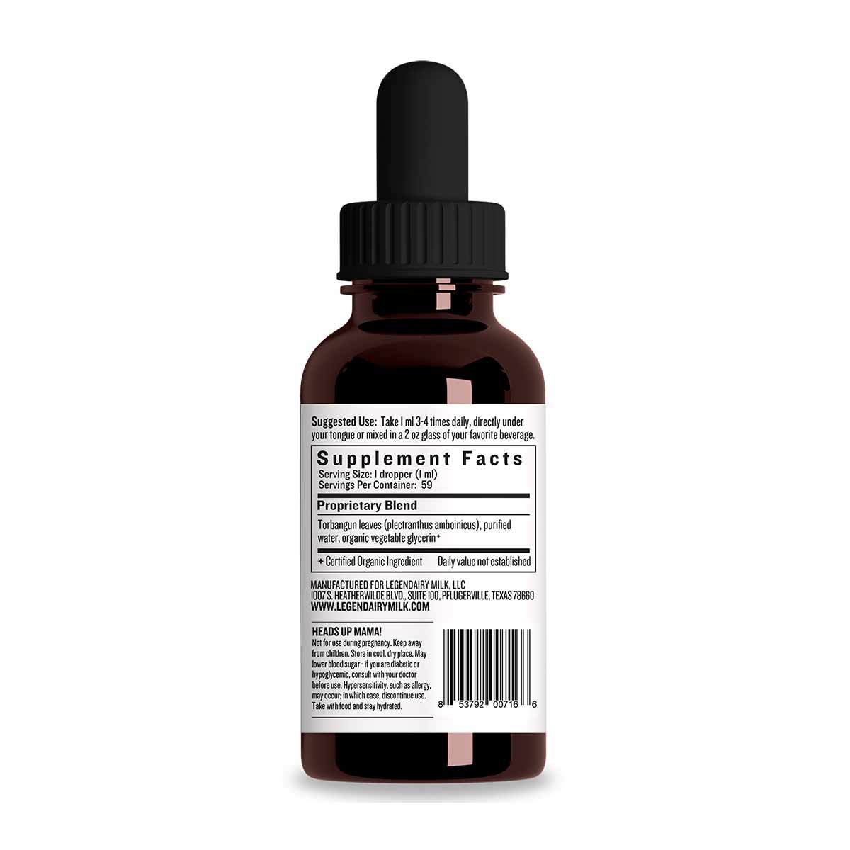 Dark amber dropper bottle with black cap and white supplement label showing usage instructions and ingredient information.