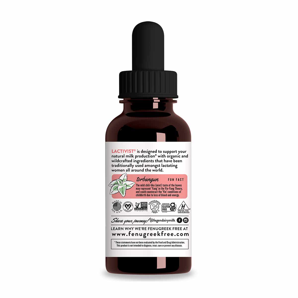 Dark amber glass dropper bottle with black cap labeled "Lactivist" by Legendairy Milk, containing liquid supplement.