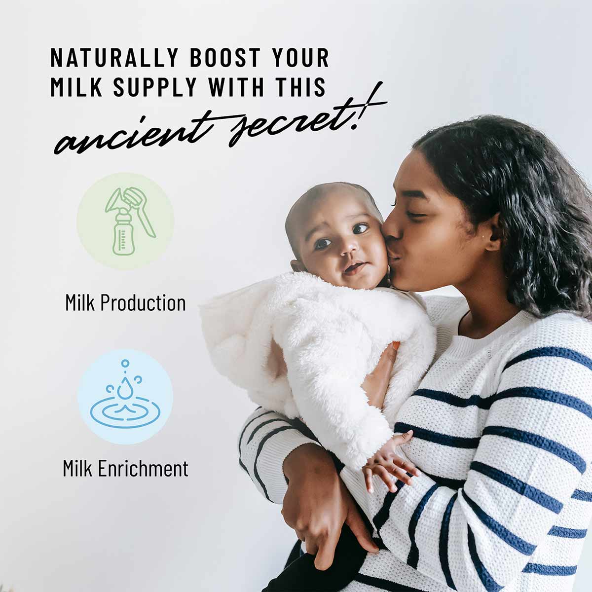 Parent holding infant with text describing milk production and enrichment benefits for lactation supplement product.