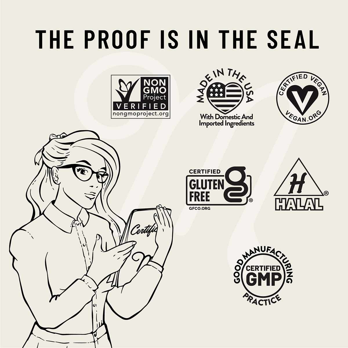 Illustrated woman holding a certificate surrounded by certification badges including Non-GMO Project Verified, Made in USA, C