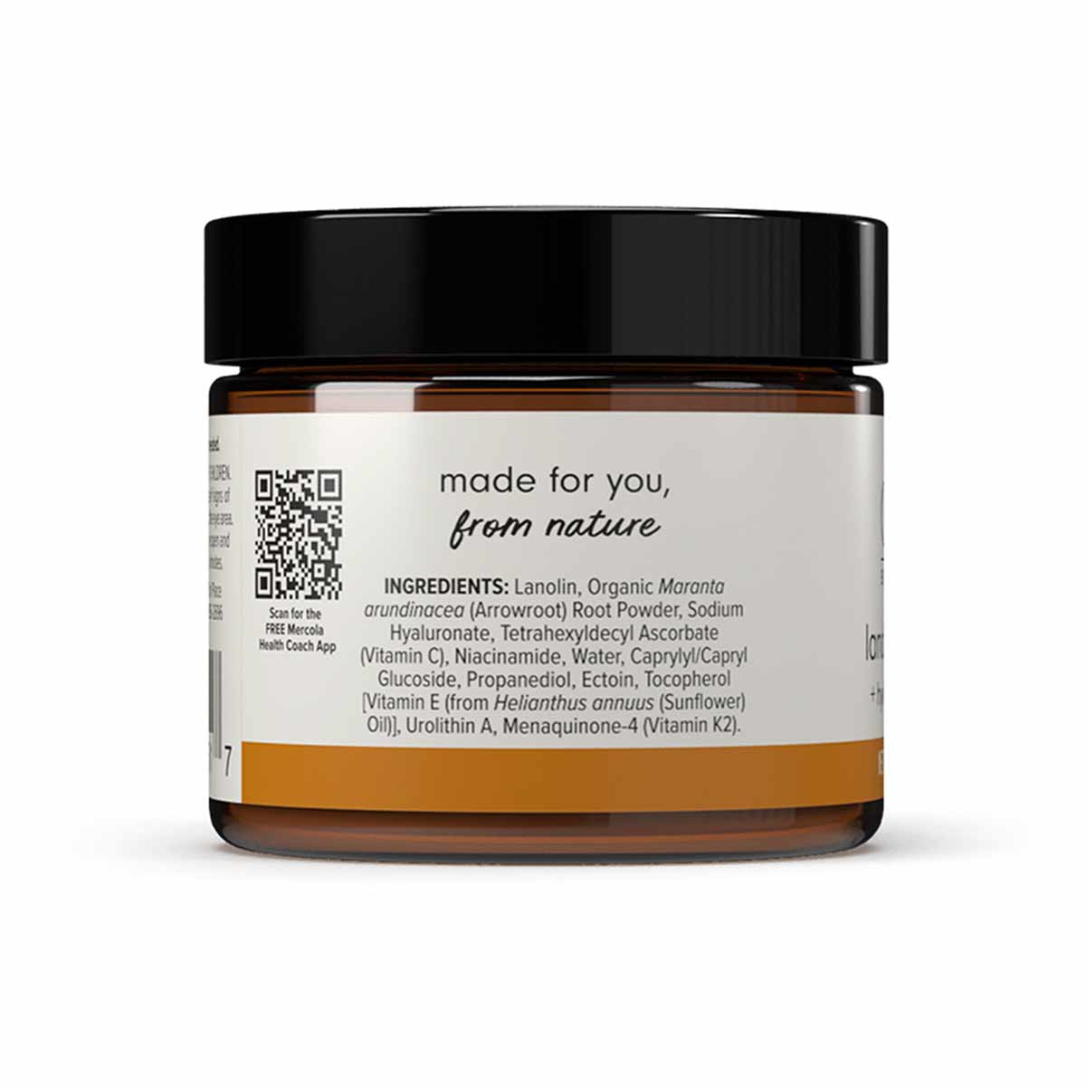 Amber glass jar with black lid containing cream, labeled with ingredients and "made for you, from nature" text.