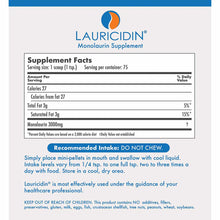 Lauricidin Monolaurin Supplement label showing nutrition facts with 3000mg monolaurin per serving and usage instructions.