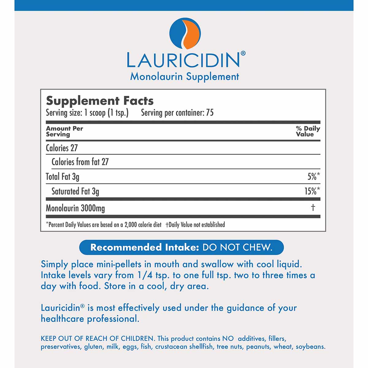 Lauricidin Monolaurin Supplement label showing nutrition facts with 3000mg monolaurin per serving and usage instructions.