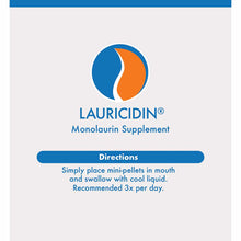 Lauricidin Monolaurin Supplement label with blue and orange circular logo and usage directions on light background.
