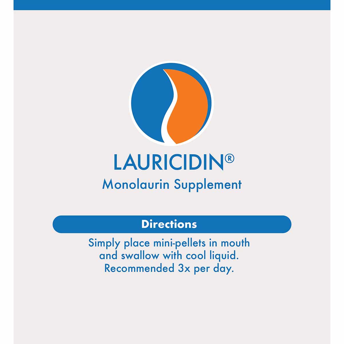 Lauricidin Monolaurin Supplement label with blue and orange circular logo and usage directions on light background.