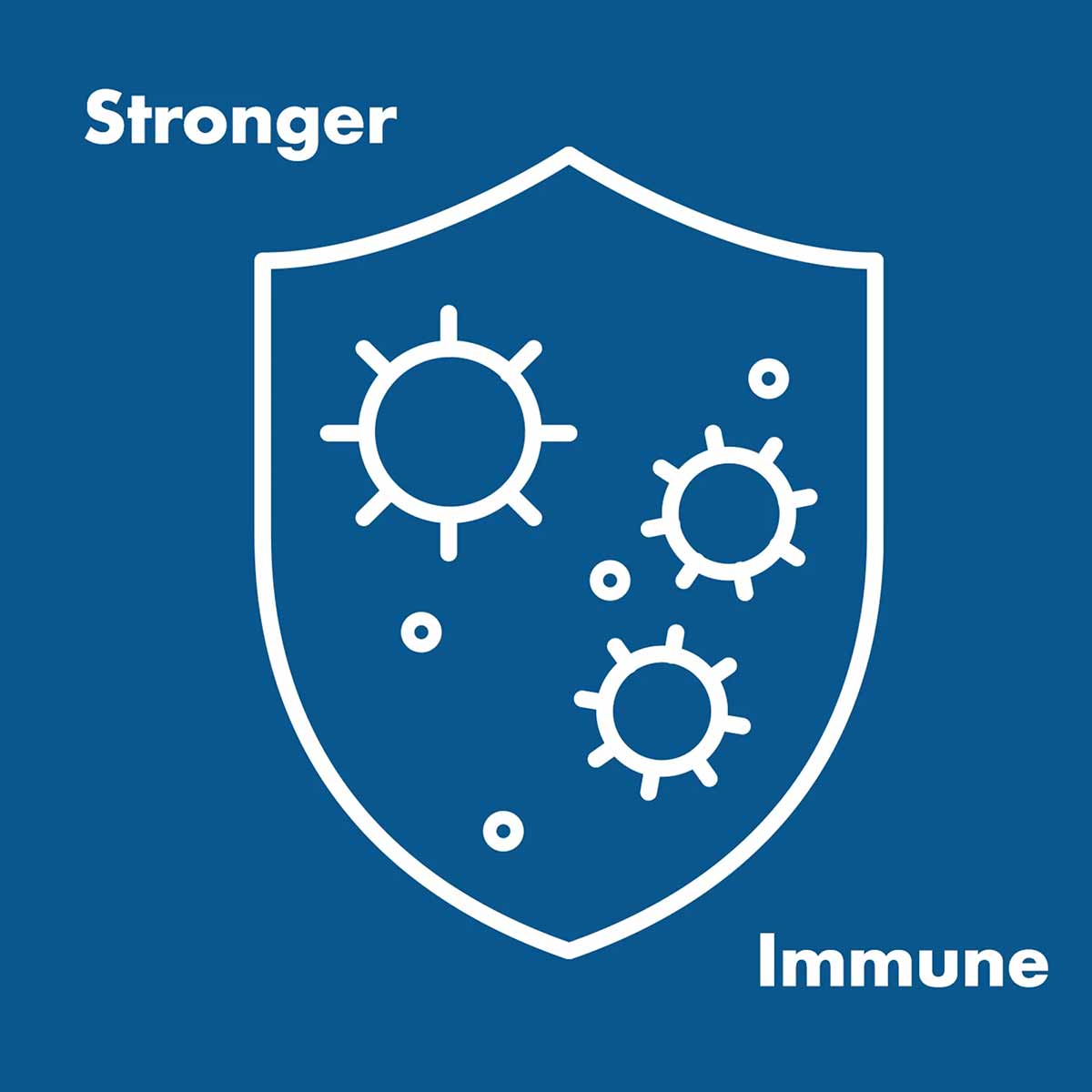 Blue background with white shield icon containing virus symbols, text reads "Stronger" and "Immune."