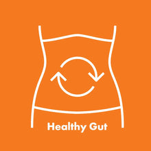 White line illustration of a torso with digestive arrows and "Healthy Gut" text on orange background.