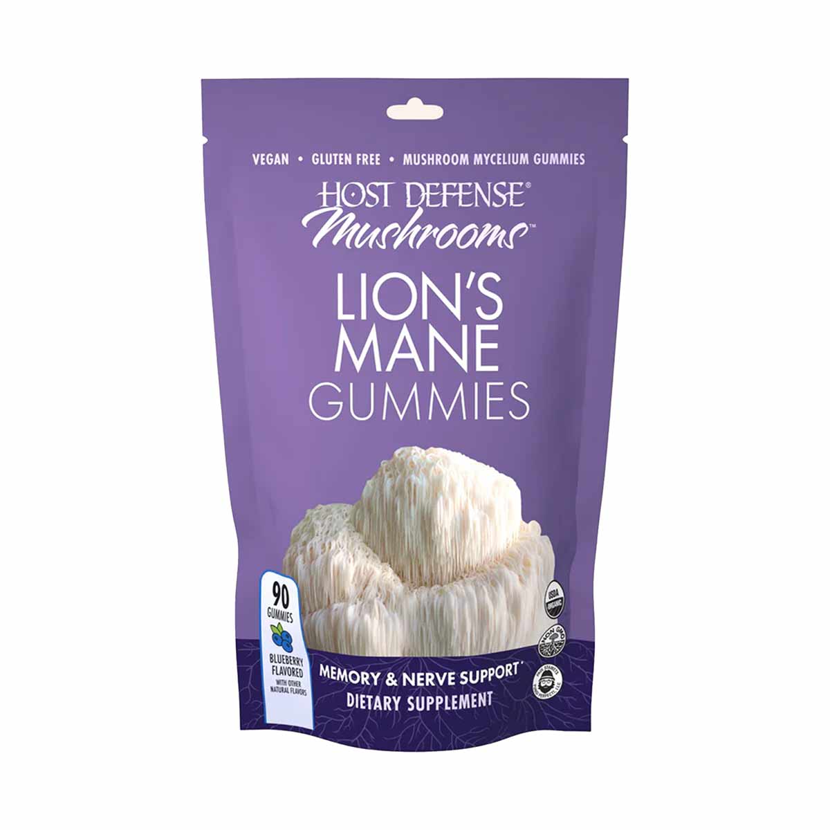 Purple pouch of Host Defense Lion's Mane Gummies with white mushroom imagery and text indicating vegan, gluten-free mushroom 