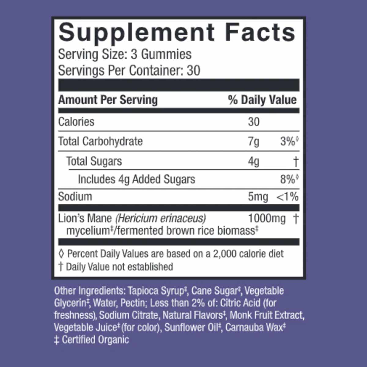 Supplement Facts label for Lion's Mane Gummies showing serving size of 3 gummies, 30 servings per container, and 1000mg Lion'