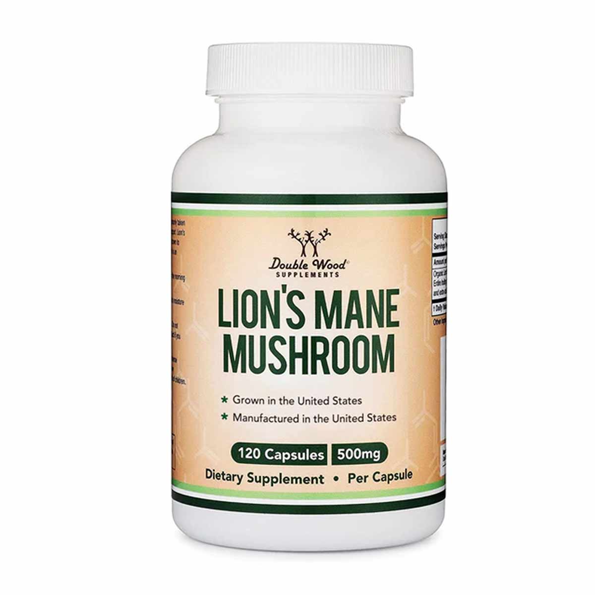 White bottle of Double Wood Supplements Lion's Mane Mushroom containing 120 capsules of 500mg each.