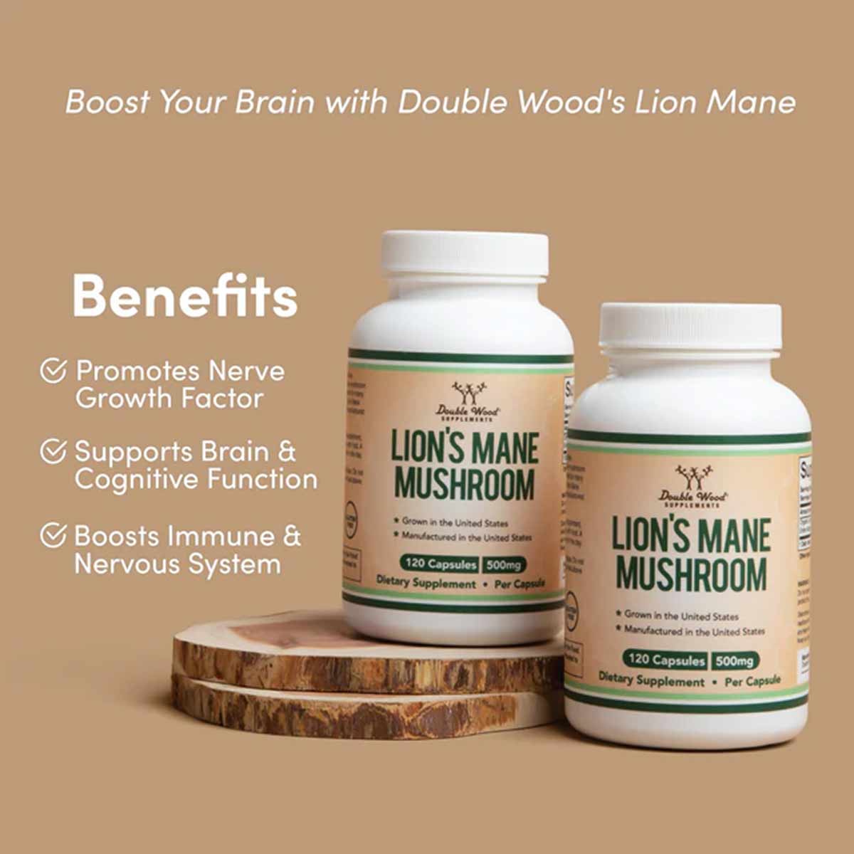 Two white supplement bottles with green labels containing Lion's Mane Mushroom capsules, 500mg per capsule, displayed on a wo