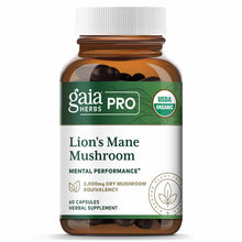 Brown glass bottle containing black capsules with green and white Gaia Herbs Pro label for Lion's Mane Mushroom supplement.
