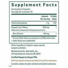 Supplement Facts label for Lion's Mane Mushroom by Gaia Herbs Pro showing 900 mg organic extract per serving with 166 mg beta