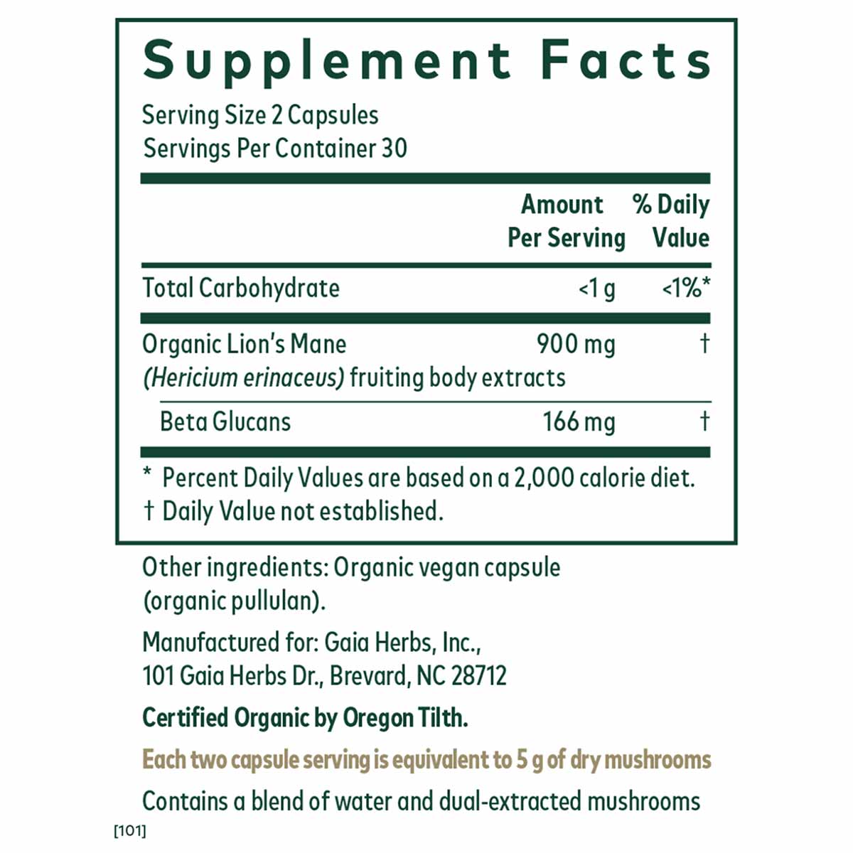 Supplement Facts label for Lion's Mane Mushroom by Gaia Herbs Pro showing 900 mg organic extract per serving with 166 mg beta