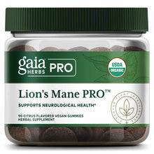 Gaia Herbs Pro Lion's Mane PRO bottle with green cap containing brown citrus-flavored vegan gummies.