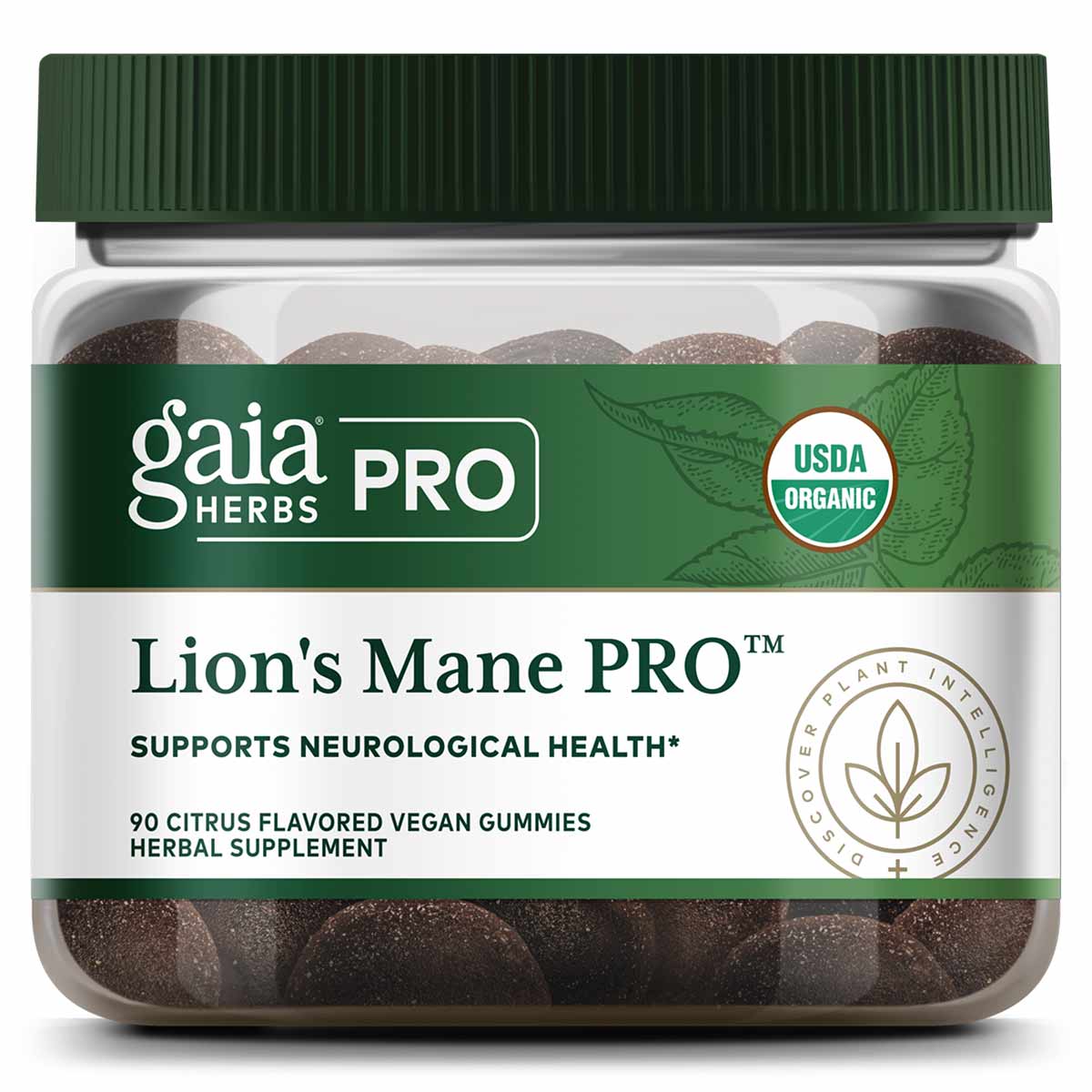 Gaia Herbs Pro Lion's Mane PRO bottle with green cap containing brown citrus-flavored vegan gummies.