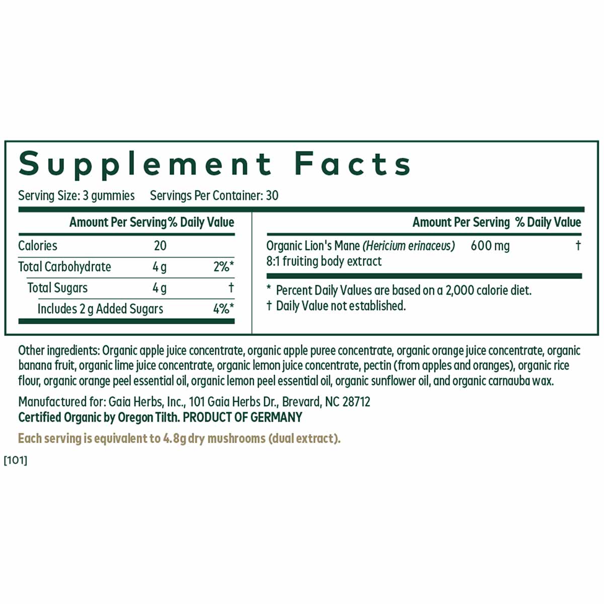 Supplement Facts label for Lion's Mane Pro gummies showing serving size, nutritional information, and organic ingredients lis