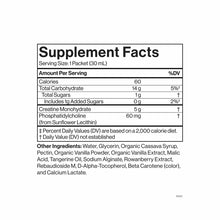 Supplement Facts label showing 24 packets of creatine monohydrate with serving size of 30mL per packet and ingredient list.