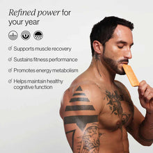 Cymbiotika Liposomal Advanced Creatine 24-packet box displayed with tattooed man holding orange packet.
