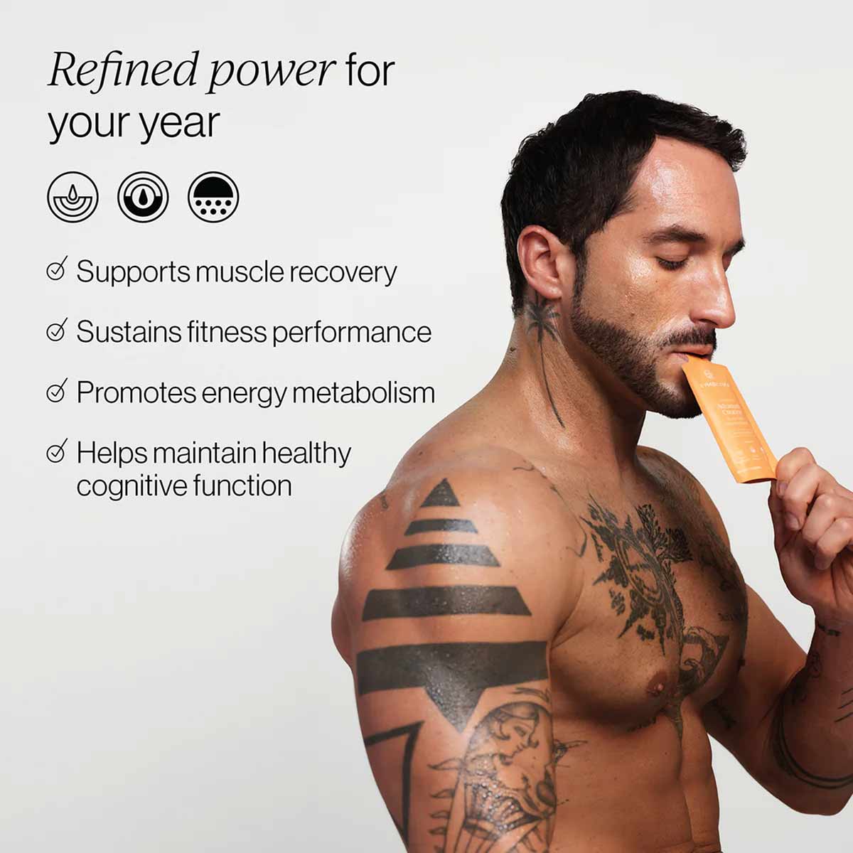 Cymbiotika Liposomal Advanced Creatine 24-packet box displayed with tattooed man holding orange packet.
