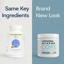 White plastic bottle and jar with blue labels showing Liposomal ALC & R-ALA supplement, 90 capsules, Core Med Science brand.