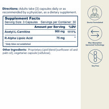 Supplement facts label for Core Med Science liposomal ALC and R-ALA capsules with directions, ingredients, and certification 