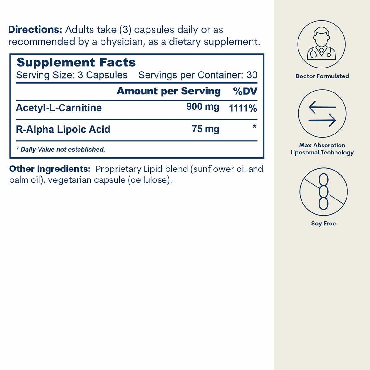 Supplement facts label for Core Med Science liposomal ALC and R-ALA capsules with directions, ingredients, and certification 