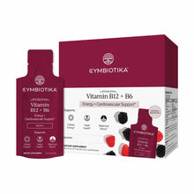 Cymbiotika Liposomal Vitamin B12 + B6 supplement box and berry-flavored packet with blackberry and raspberry imagery.