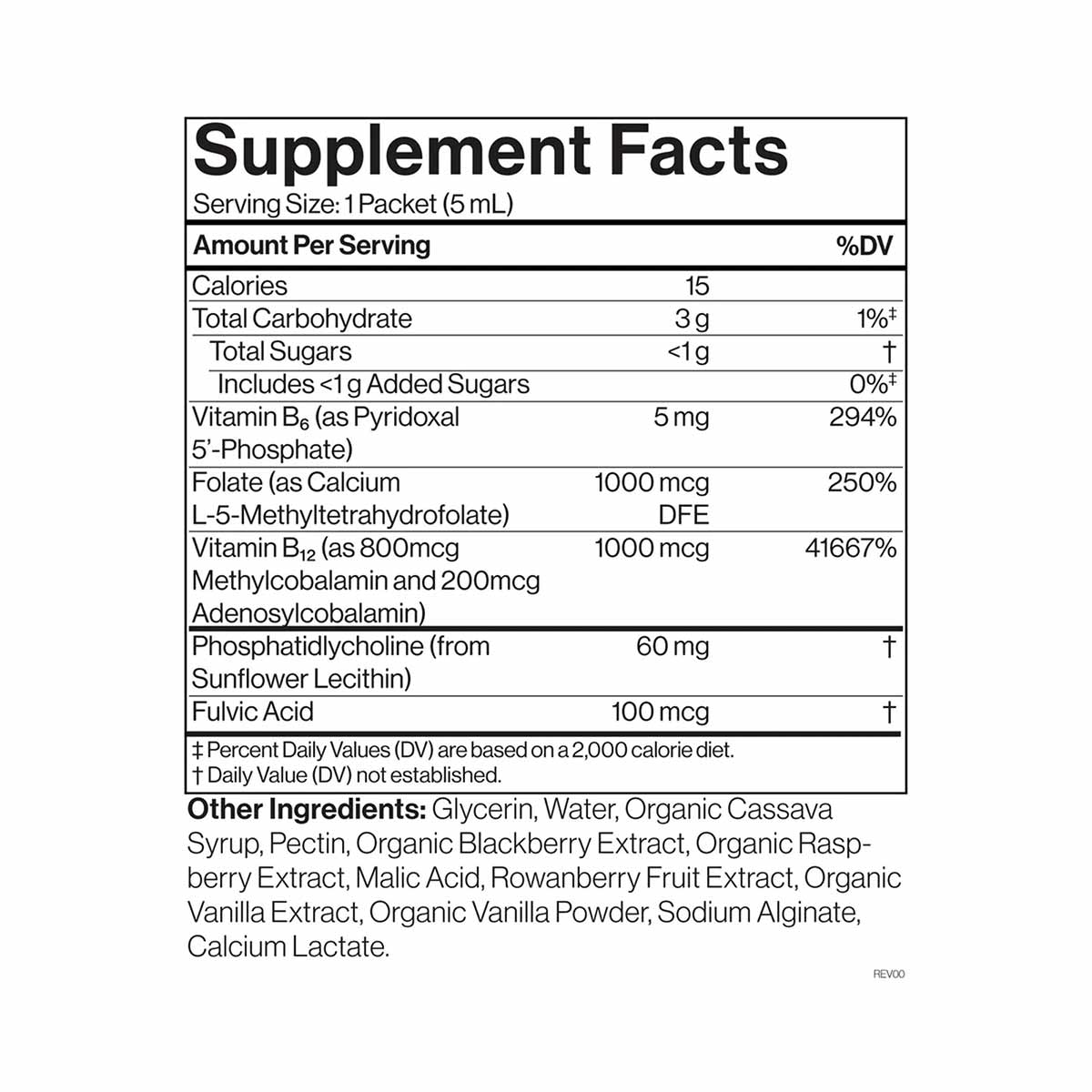 Supplement Facts label showing nutritional information for B12 and B6 liposomal supplement packets with ingredients listed.