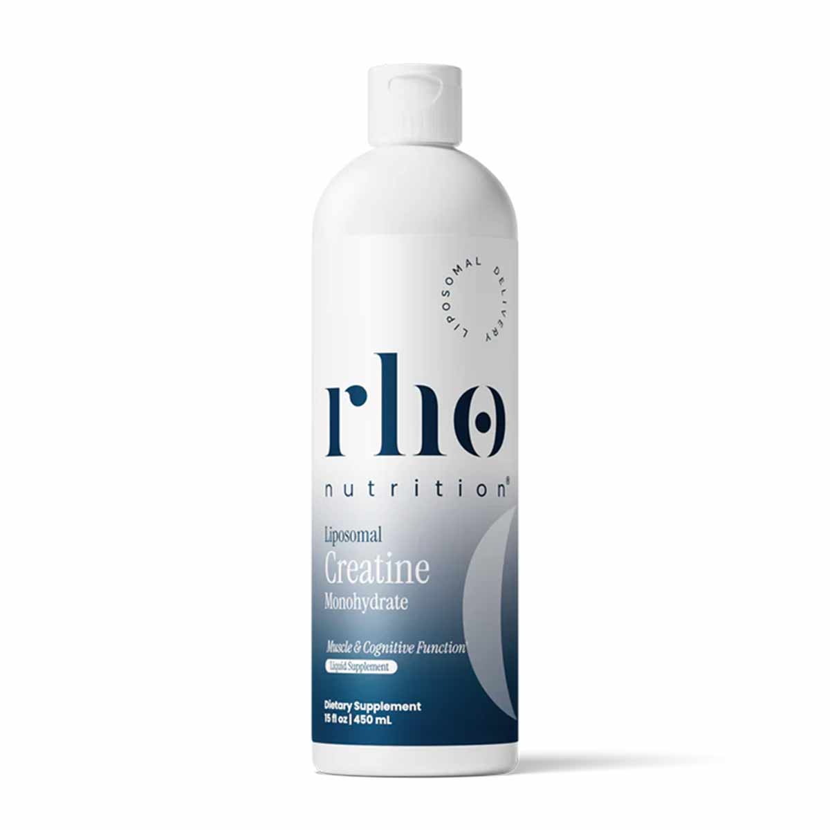 White liquid supplement bottle labeled "rho nutrition" with "Liposomal Creatine Monohydrate" text, 16 fl oz size.