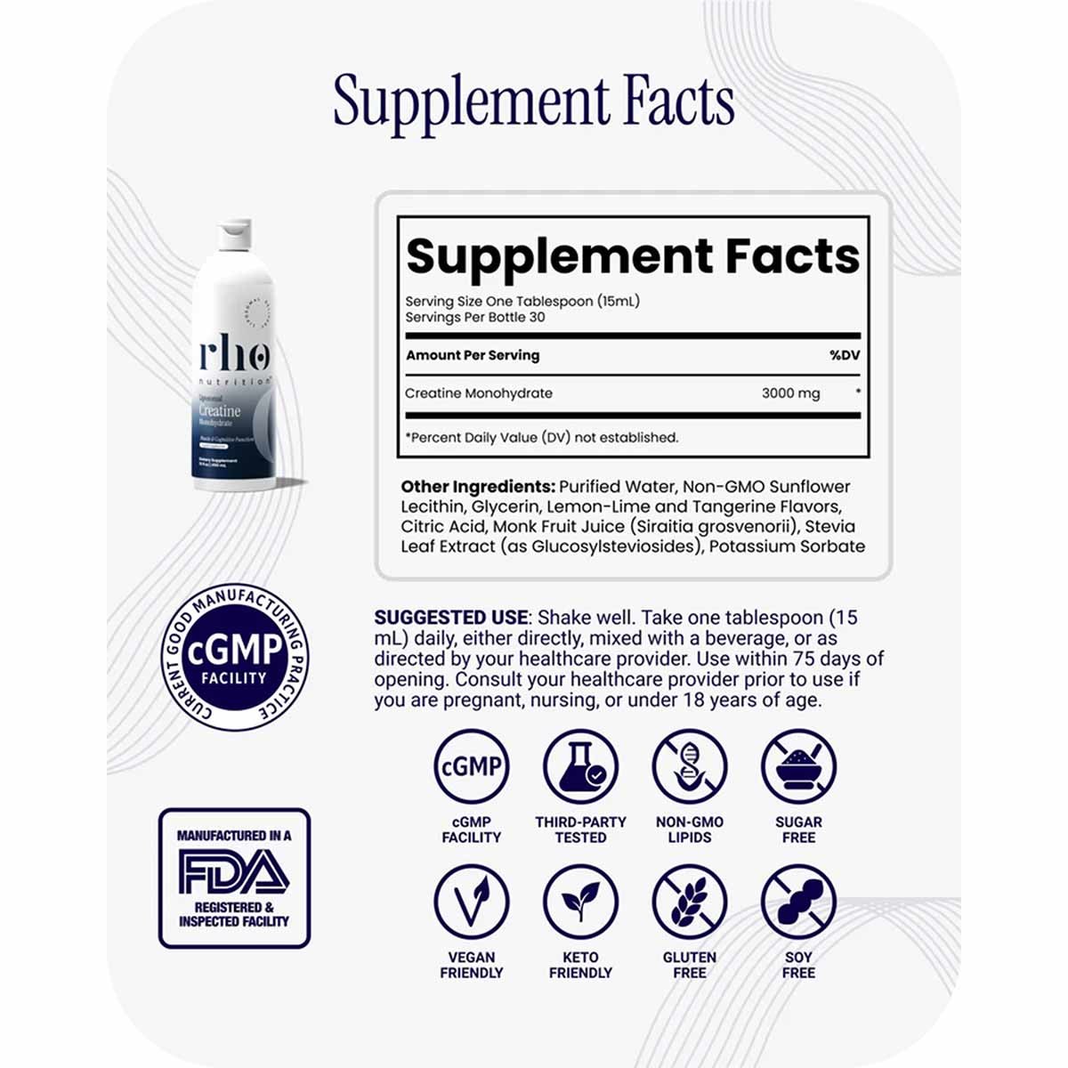 Supplement facts label for Rho Nutrition liposomal creatine monohydrate showing 3000mg per serving with ingredients and cGMP 