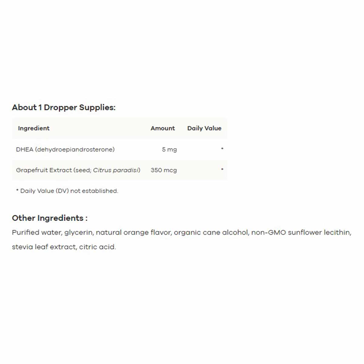 Supplement facts label for NutriDyn Liposomal DHEA showing ingredient amounts including 5mg DHEA and 350mcg grapefruit extrac