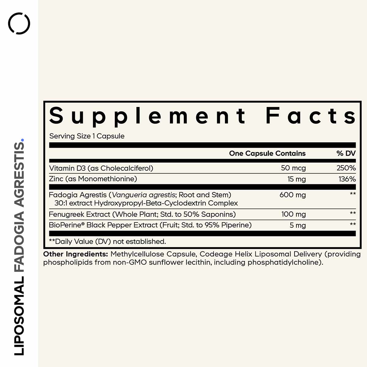 Supplement Facts label for Liposomal Fadogia Agrestis+ showing serving size, ingredients, and daily value percentages.