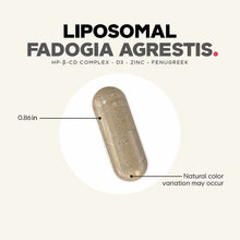 Tan-colored capsule supplement measuring 0.86 inches with text indicating Liposomal Fadogia Agrestis formula ingredients.