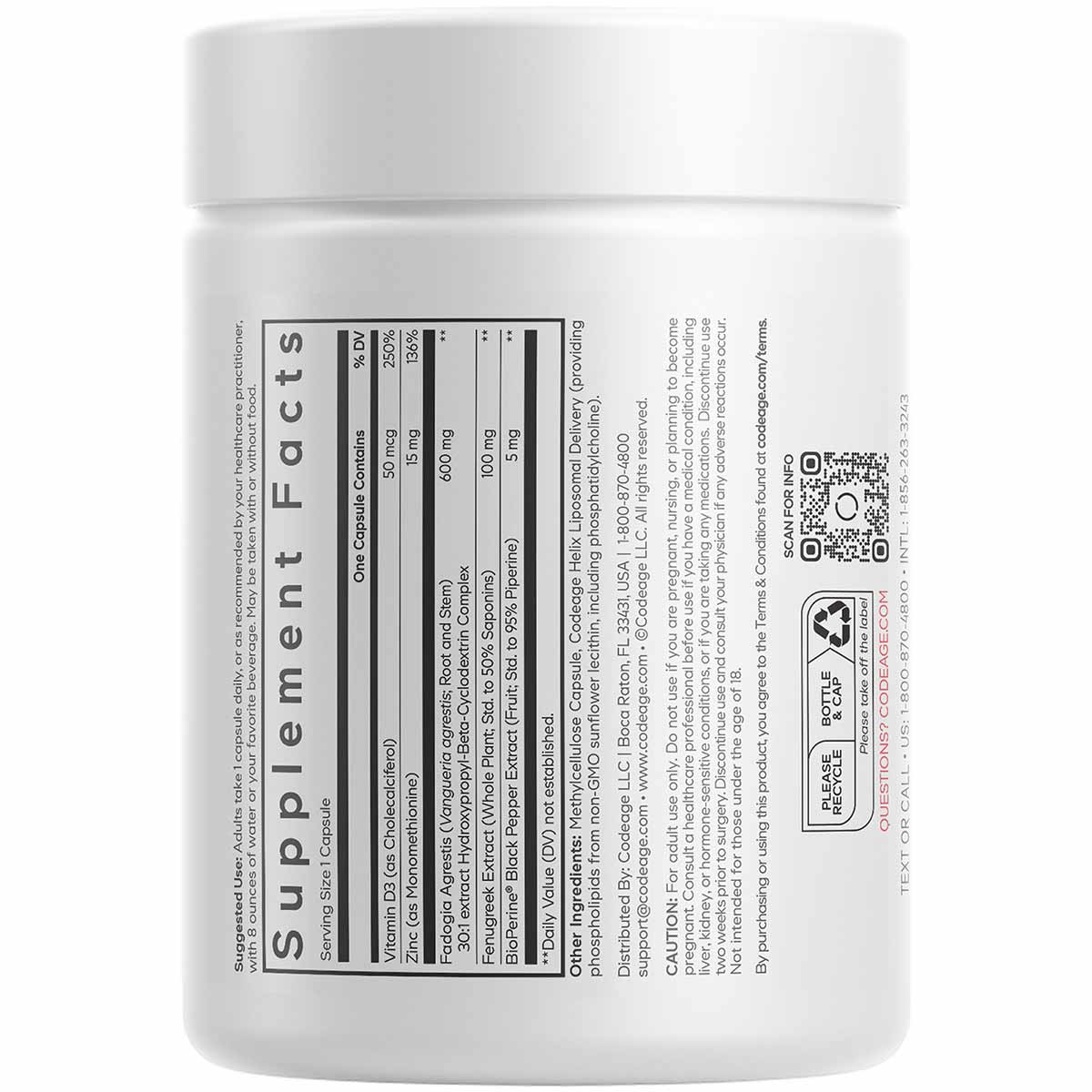 White supplement bottle labeled Supplement Facts with nutrition information, ingredients list, QR code, and recycling symbol 