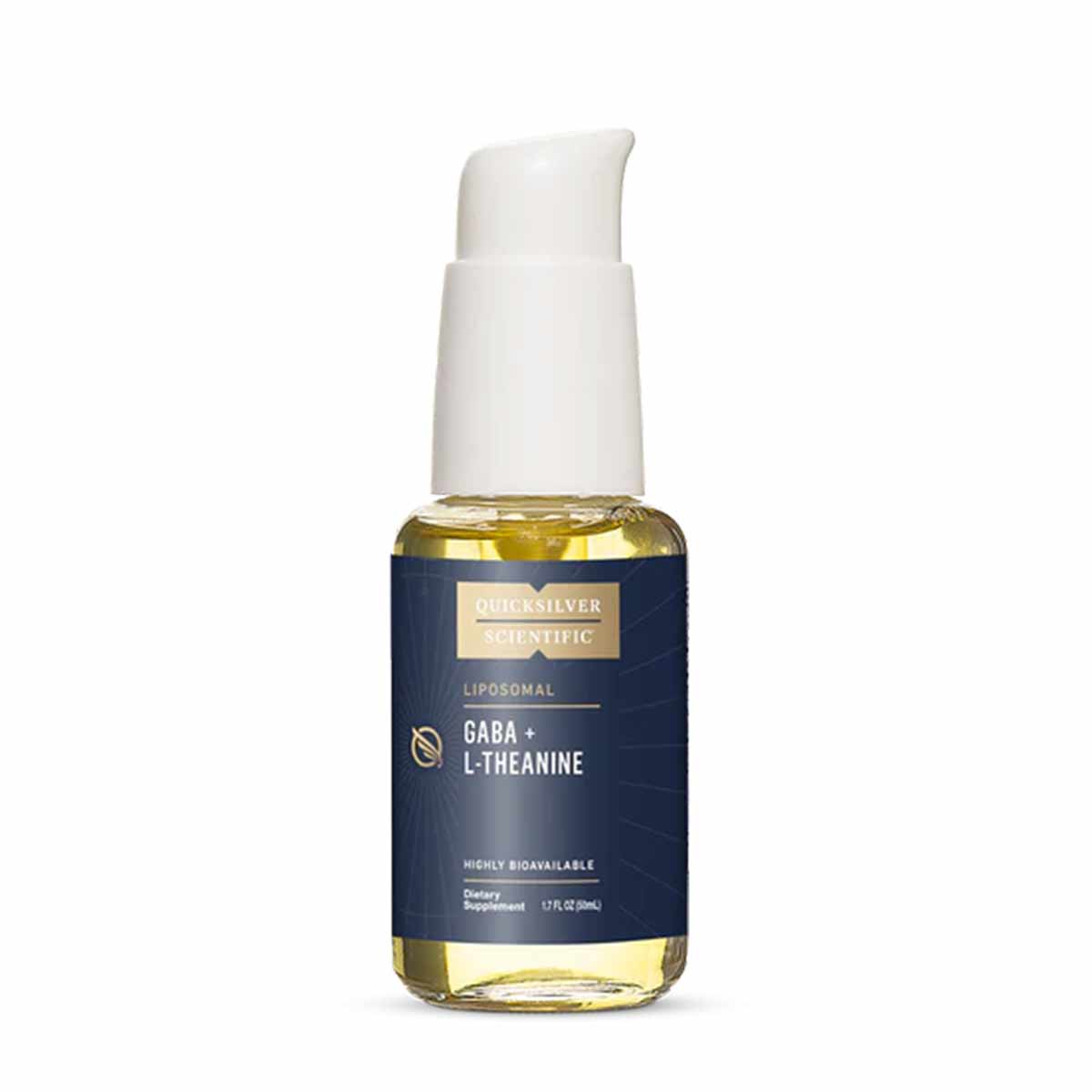 Quicksilver Scientific liposomal GABA and L-Theanine supplement in a 1.7 oz bottle with white pump dispenser and navy label.