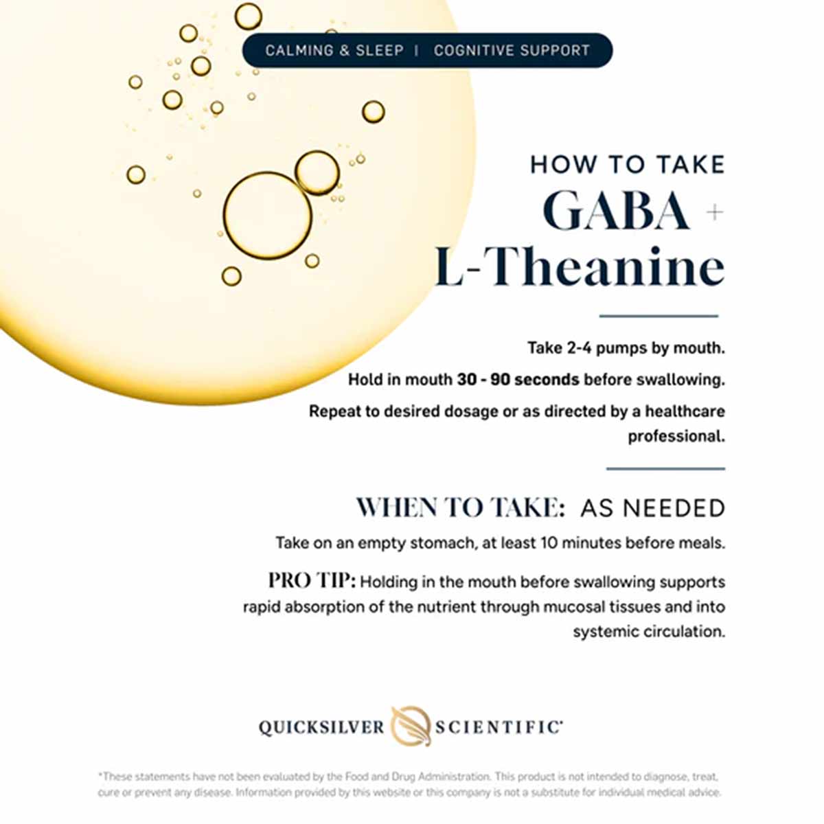 Liposomal liquid supplement bottle with dosage instructions and golden spherical droplet graphics on beige background.