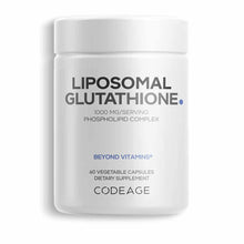 White cylindrical bottle of Liposomal Glutathione 1000 mg by Codeage containing 60 vegetable capsules.