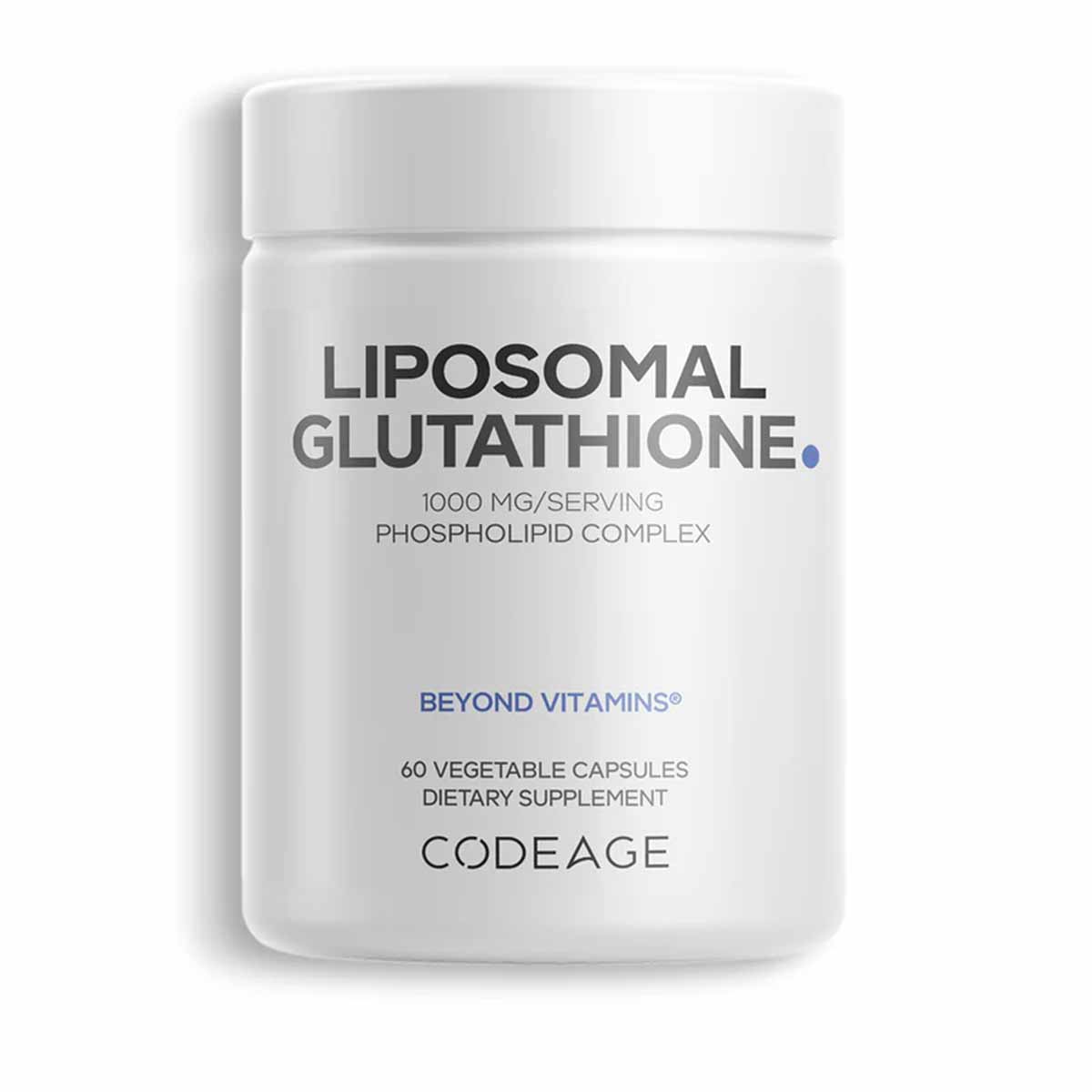 White cylindrical bottle of Liposomal Glutathione 1000 mg by Codeage containing 60 vegetable capsules.