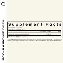 Supplement facts label for Liposomal Glutathione 1000 mg showing serving size, ingredients, and nutritional information on cr