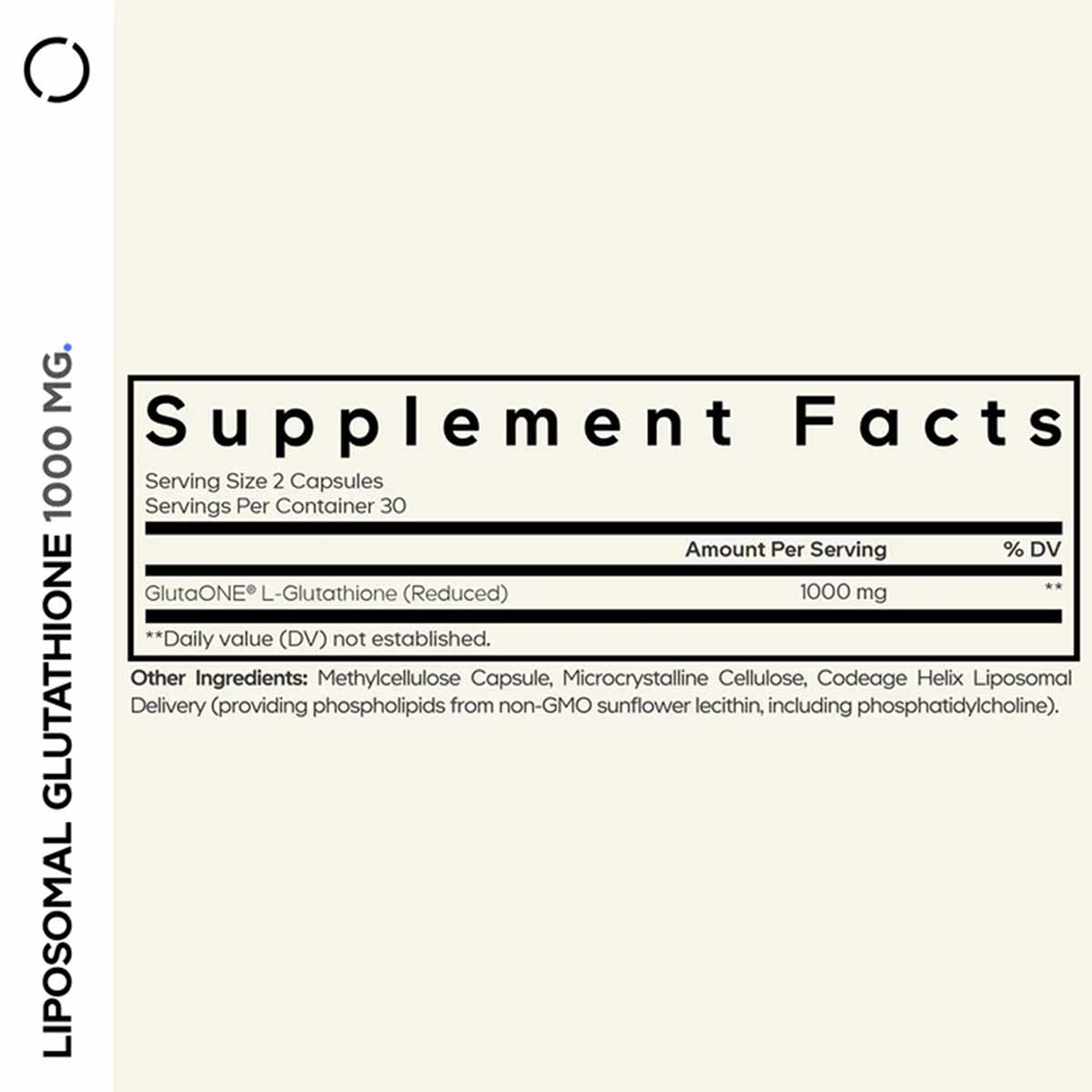 Supplement facts label for Liposomal Glutathione 1000 mg showing serving size, ingredients, and nutritional information on cr