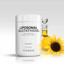 White cylindrical bottle of Liposomal Glutathione 1000 mg by Codeage with 60 capsules, displayed with a glass dropper and yel