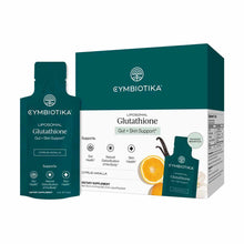 Cymbiotika Liposomal Glutathione box set with 25 citrus vanilla packets and individual serving pouches.