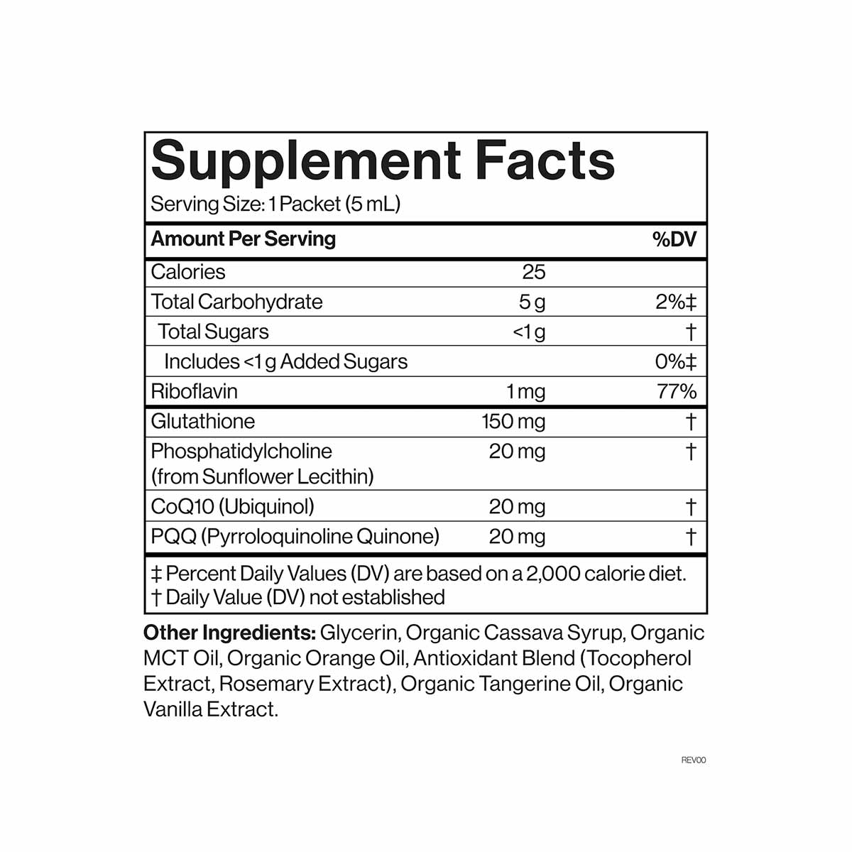 Supplement Facts label for liposomal glutathione showing 150mg glutathione per 5mL packet with additional ingredients includi
