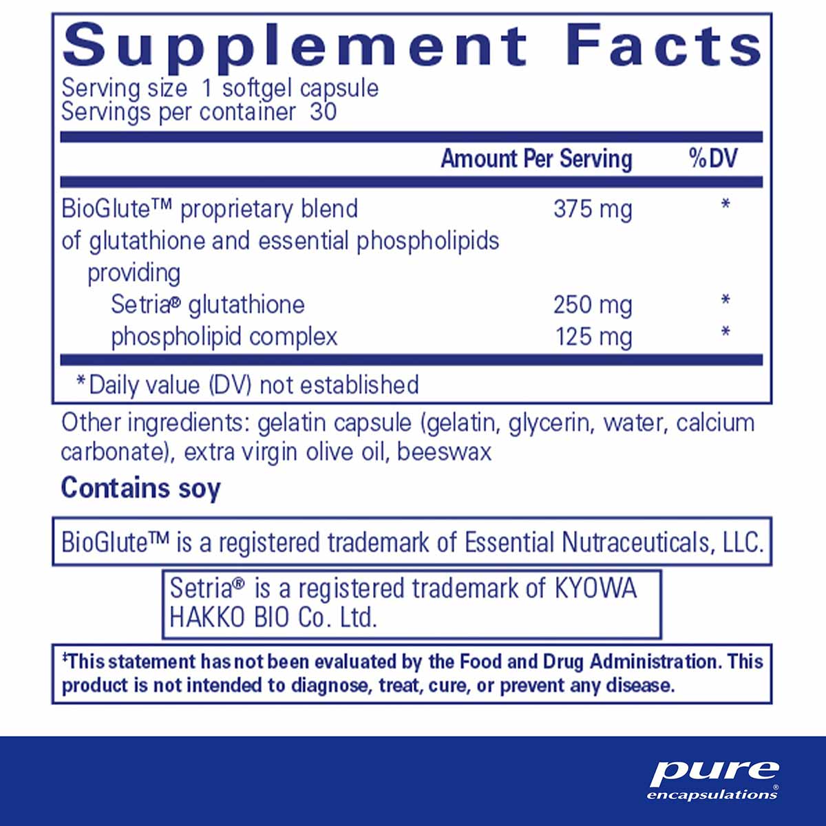 Supplement Facts label for Liposomal Glutathione showing serving size, ingredients, and nutritional information.