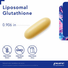 Yellow oval capsule labeled Liposomal Glutathione, 0.906 inches, with product packaging and GMO-free certification icons.